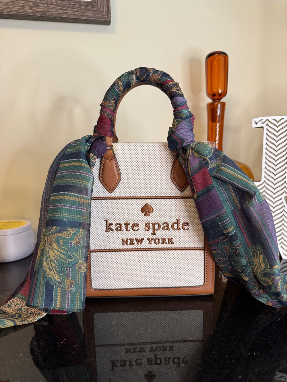 kate spade New York Cream & Tan Top-Handle Bag with Multi Scarf Accent